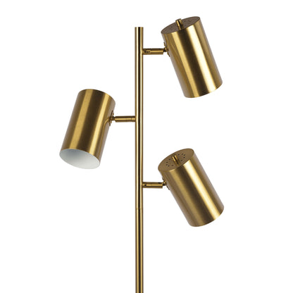 Close-up of the Harmony Floor Lamp in gold, featuring three adjustable cylindrical light spots on a vertical pole with a block base and rotary switch, set against a white background.
