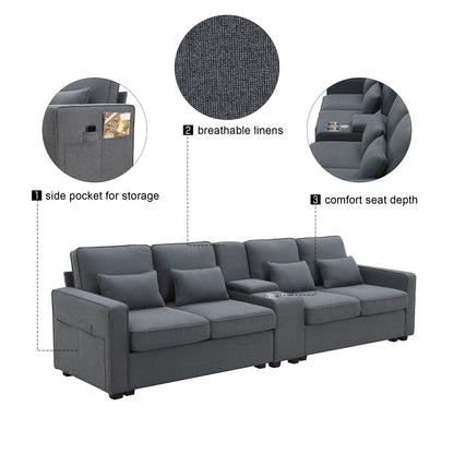A modern dark gray 4-seat upholstered sofa with console, 2 cupholders, 2 USB ports (wired/wireless charging), breathable linen fabric, deep seats, storage side pocket, and includes 4 pillows. Perfect for living rooms or apartments.
