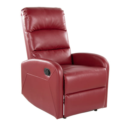 The Dormi - Contemporary Recliner Chair is a red leather armchair with padded cushions and a side lever, displayed against a white background.