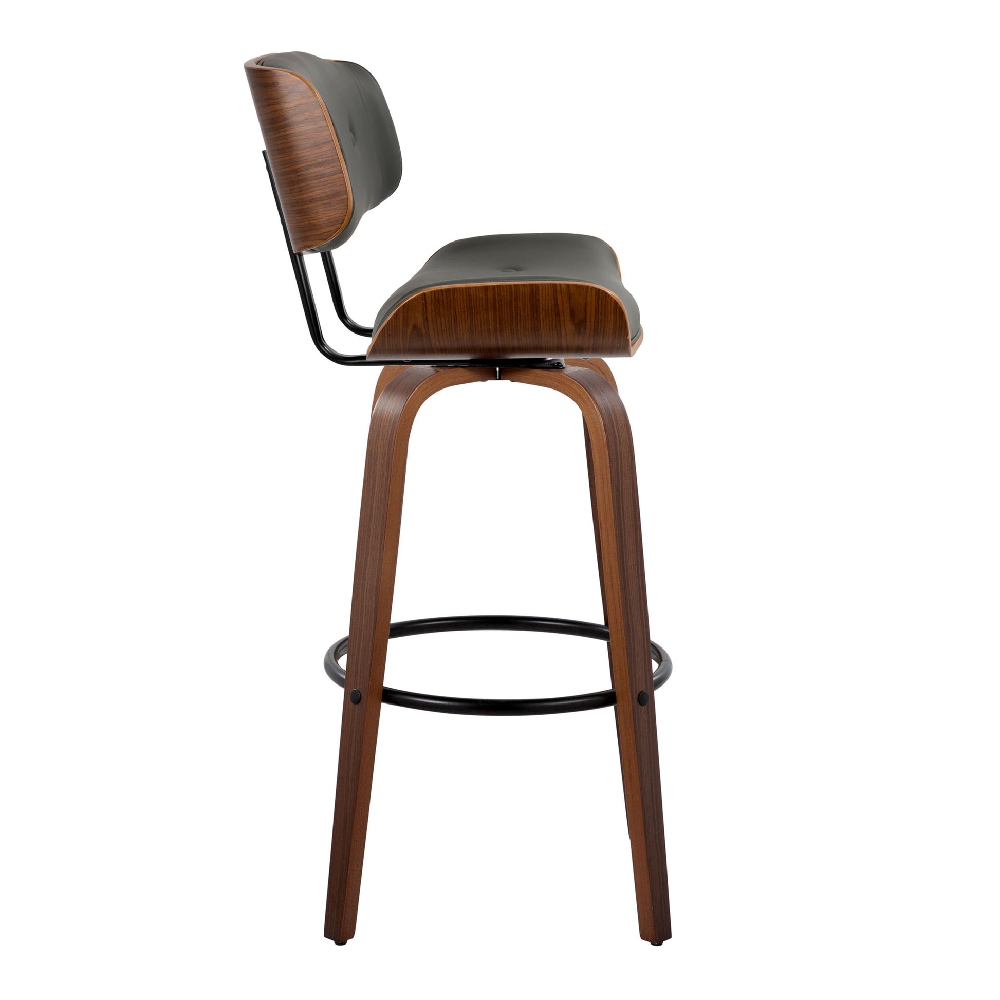 The Lombardi Mid-Century Modern Fixed Height Barstool features a curved wooden seat and backrest with dark padding, a black metal frame, round footrest, and four angled wooden legs. Swivel function included. Set of 2.