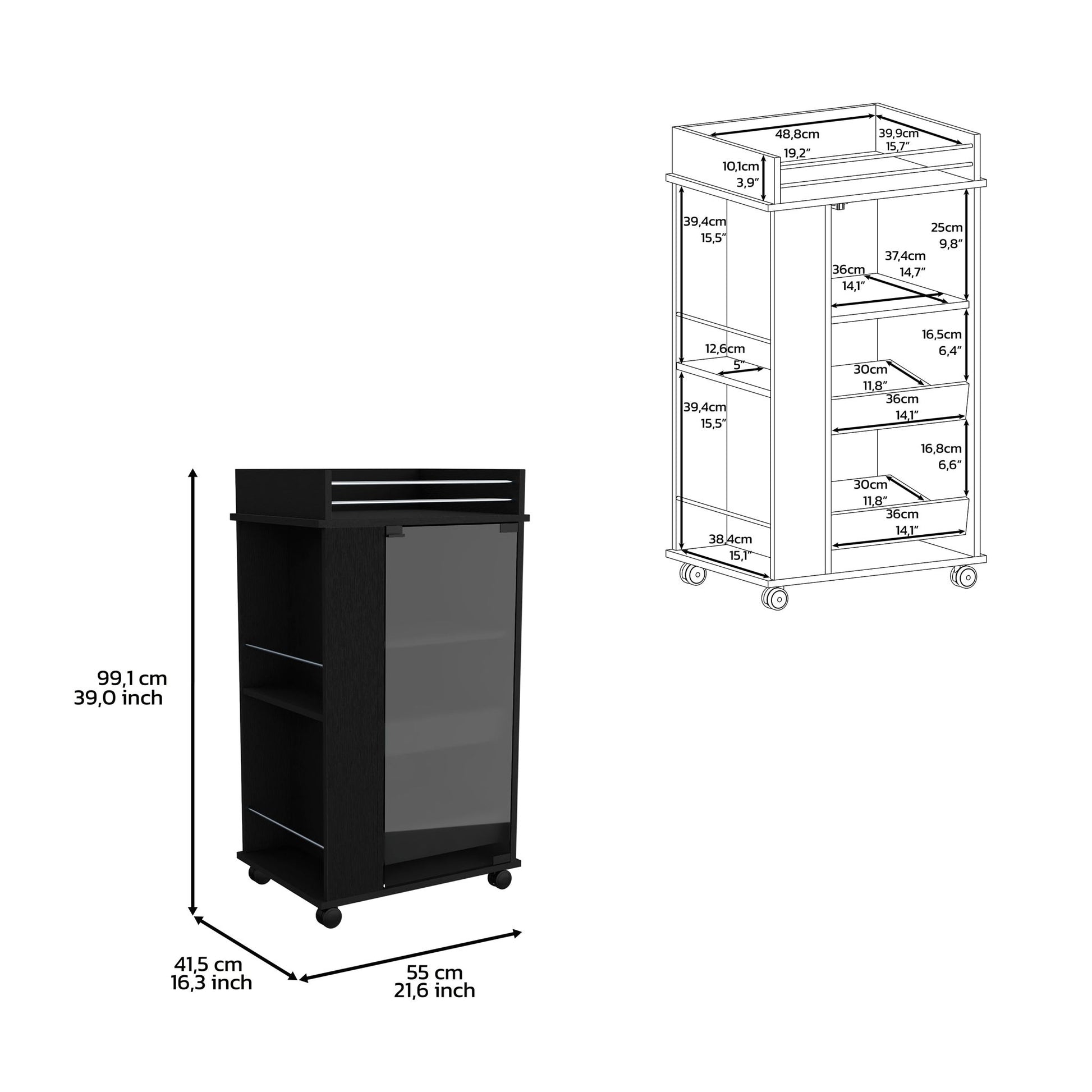 A Bar Cart With Glass Door, 2 Side Shelves And Casters in black is displayed next to a labeled diagram showing its overall dimensions and shelf sizes in both centimeters and inches.
