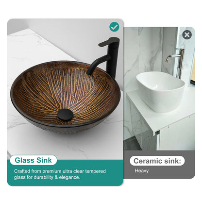 Feather Pattern Amber Vessel Sink With Pop Up Drain, Oval Bathroom Basin - Amber