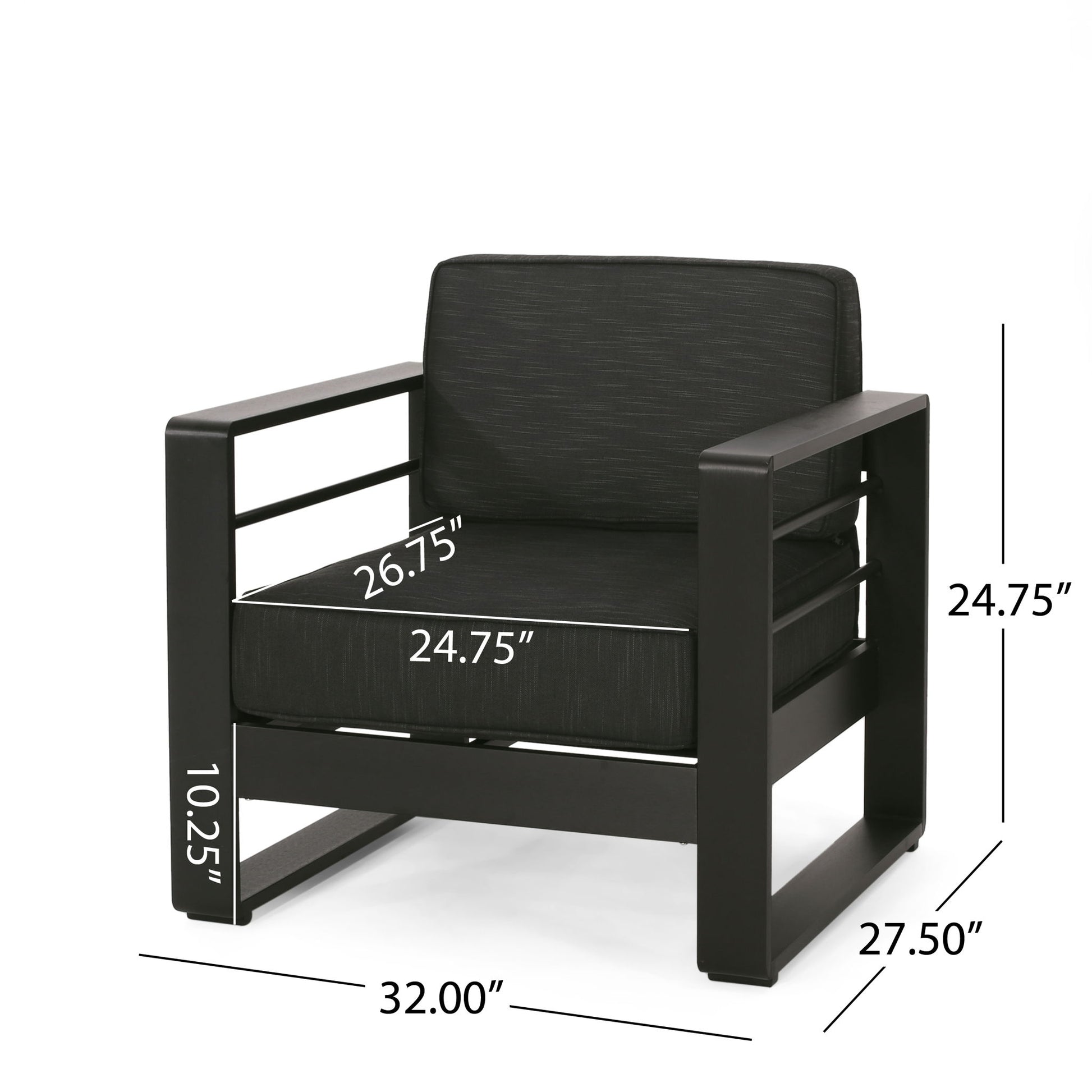 The Maya Bay - Club Chair is a modern black armchair with cushions, shown angled. Dimensions: 32"W x 27.5"D x 24.75"H; seat: 24.75"W x 26.75"D; seat height: 10.25".