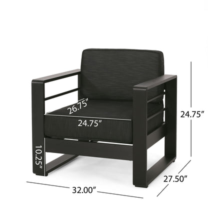 The Maya Bay - Club Chair is a modern black armchair with cushions, shown angled. Dimensions: 32"W x 27.5"D x 24.75"H; seat: 24.75"W x 26.75"D; seat height: 10.25".