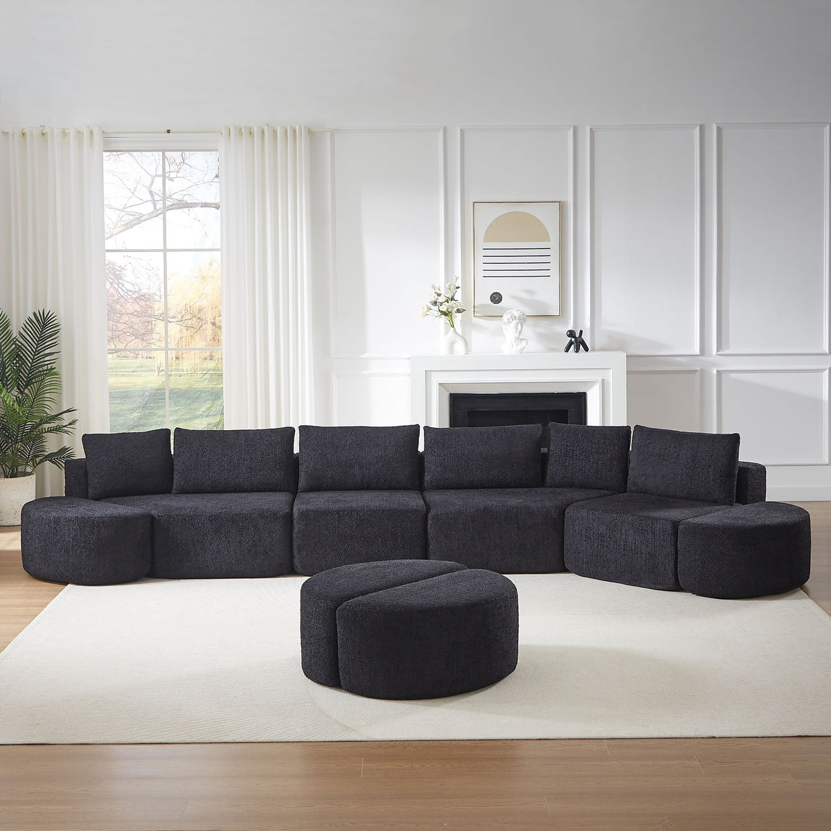Modular Sectional Sofa With 6 Pillows And 4 Curved Footstools For Living Rooms - Black