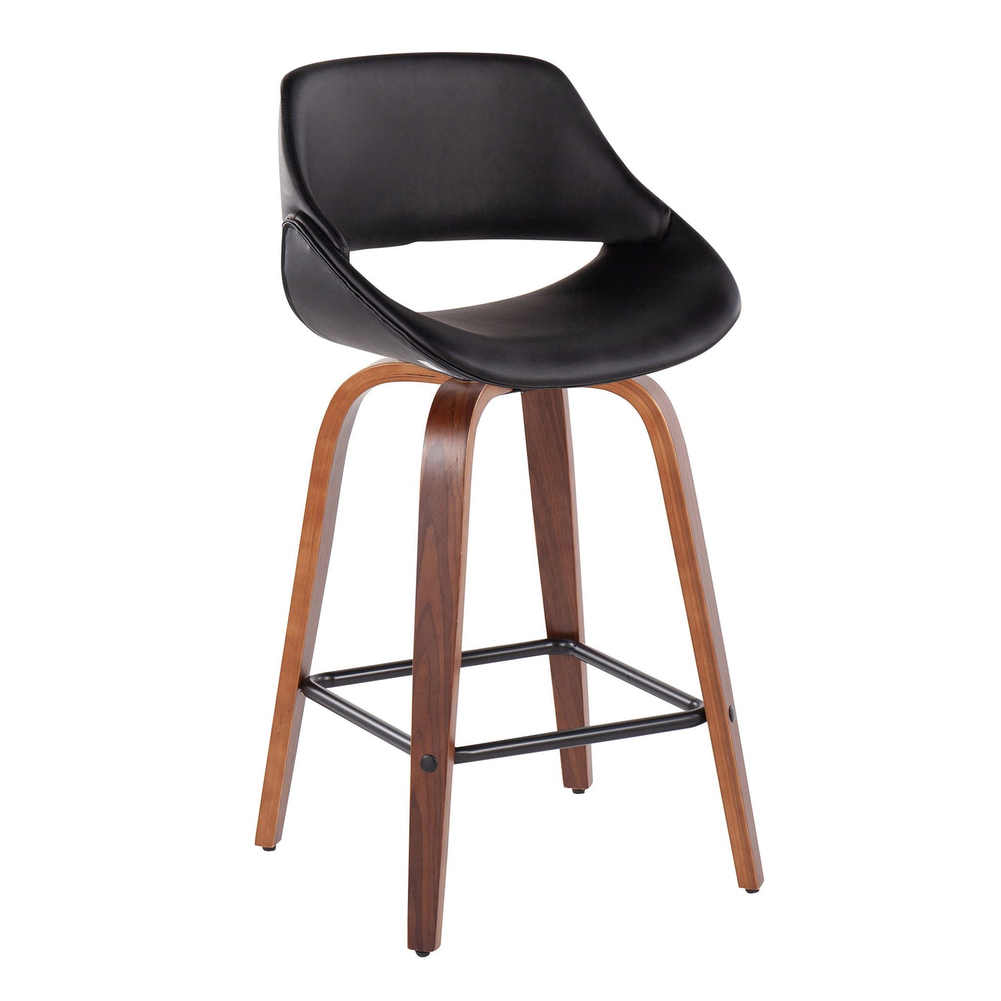 The Fabrico Mid-Century Modern Counter Stool (Set of 2) features a curved black leather seat, walnut-finished wooden legs, and a black metal footrest.