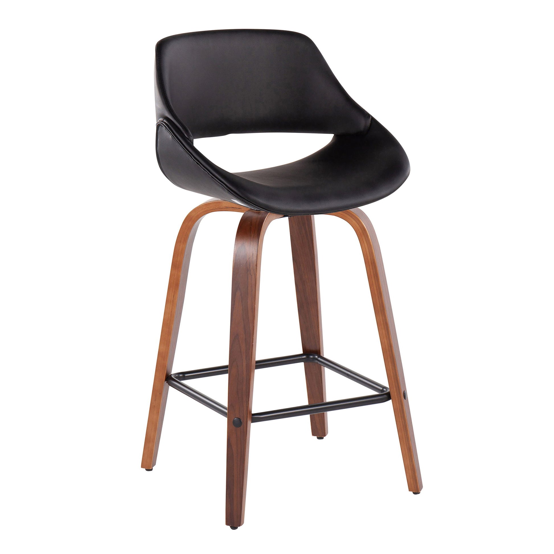The Fabrico Mid-Century Modern Counter Stool (Set of 2) features a curved black leather seat, walnut-finished wooden legs, and a black metal footrest.