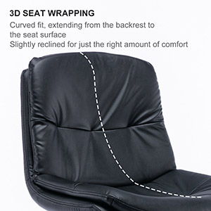 Black Swivel Bar Stool with black titanium stainless steel base and footrest. Dashed line highlights its curved, reclined backrest and seat. Text: "3D seat wrapping—Curved fit for comfort from backrest to seat in grade faux leather.