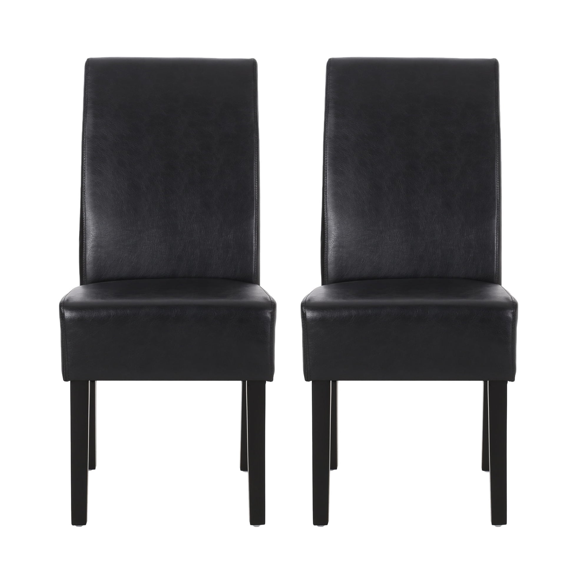 A set of two Contemporary Dining Chairs with cushioned seats and backs, black upholstery, and straight dark rubberwood legs are placed side by side against a plain white background.