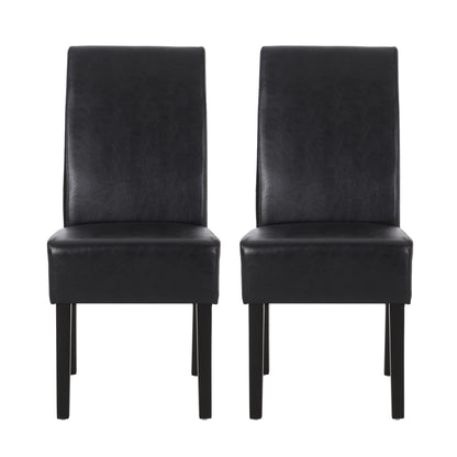 A set of two Contemporary Dining Chairs with cushioned seats and backs, black upholstery, and straight dark rubberwood legs are placed side by side against a plain white background.