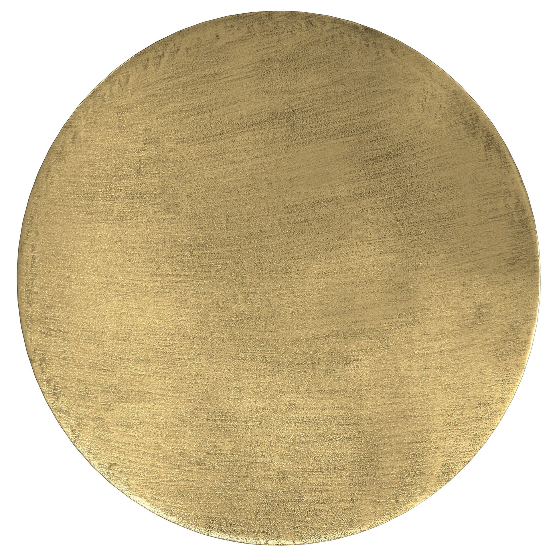 A round, flat, gold-colored metallic disc with a brushed texture, the Johnsen - Handcrafted Metal Coffee Table is displayed against a white background.