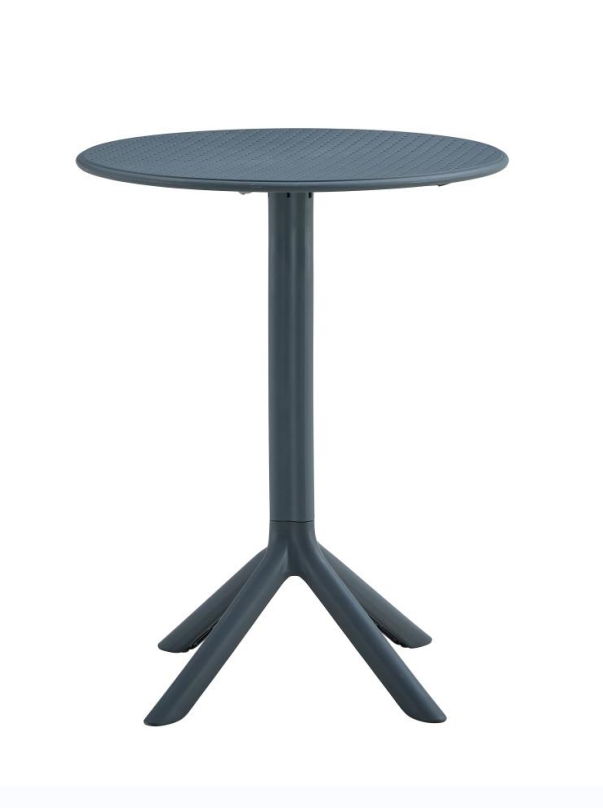 The 3 Piece Plastic Arm Chair Bistro Grs Premium Ocean Plastic features a compact, round dark gray table with a textured top, single pedestal base, and four outward-angled legs.