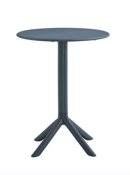 The 3 Piece Plastic Arm Chair Bistro Grs Premium Ocean Plastic features a compact, round dark gray table with a textured top, single pedestal base, and four outward-angled legs.