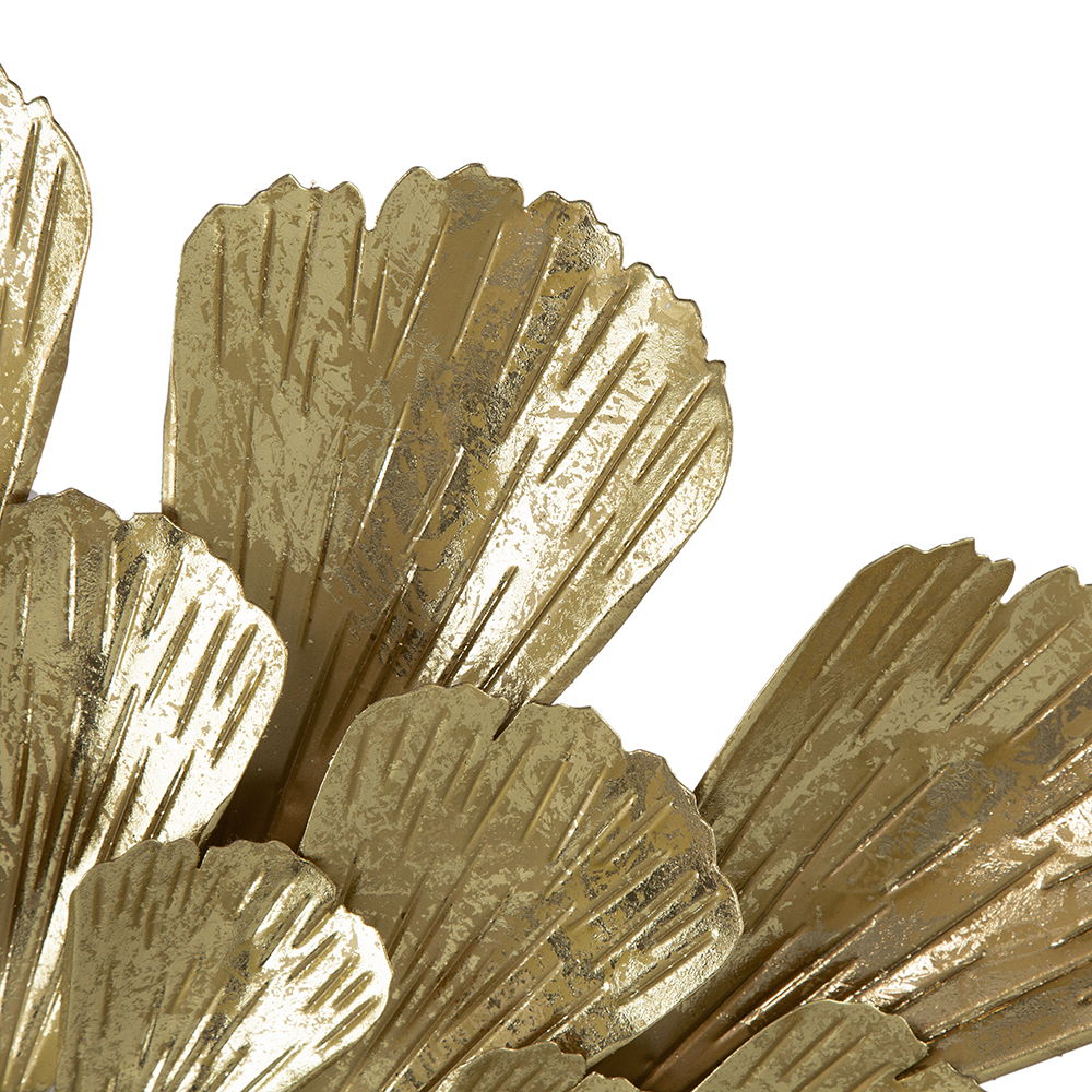 Close-up of the Round Metal Mirror With Trumpet Vine Motif in gold, featuring layered, metallic fan-shaped petals with textured lines and a reflective finish, set against a white background.