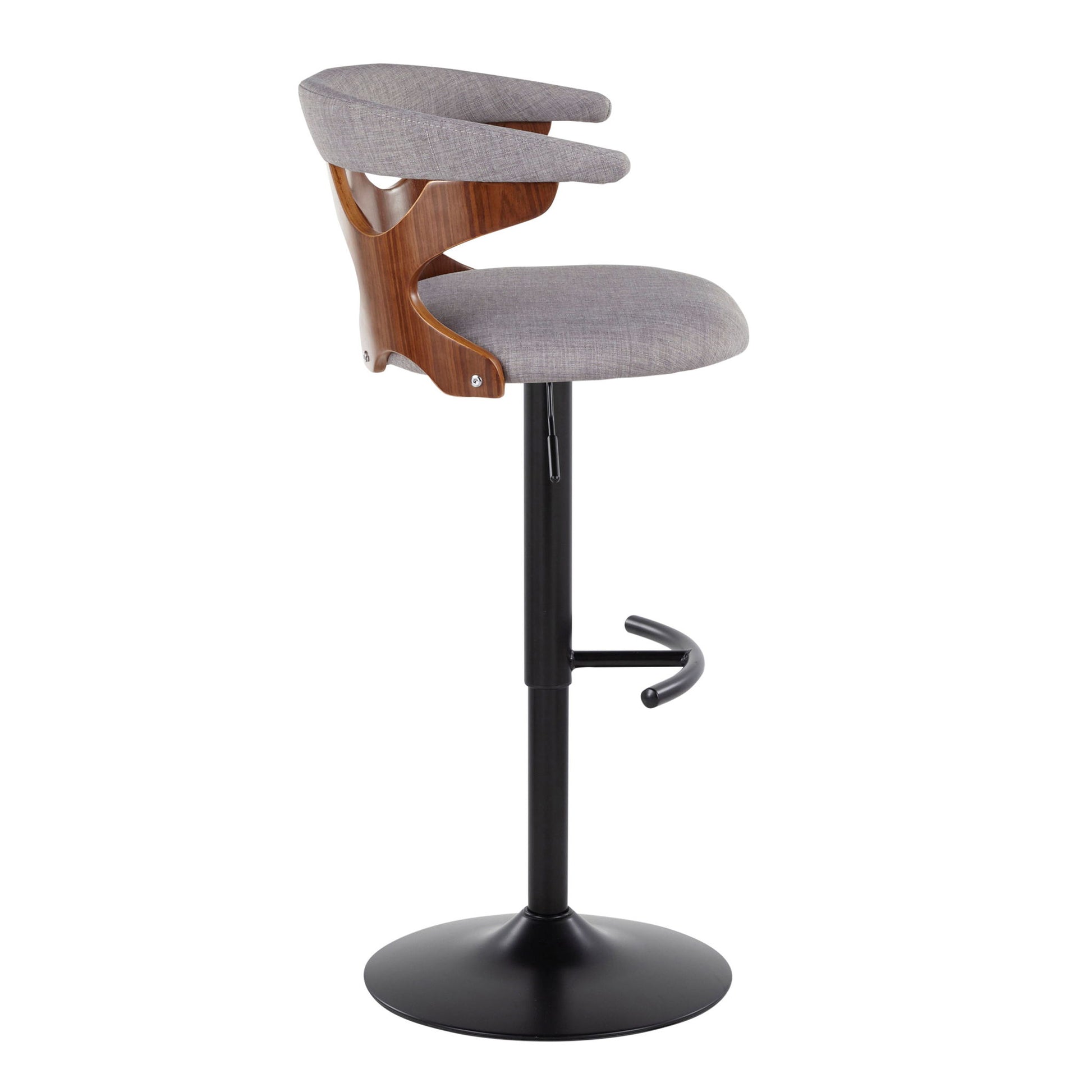 The Gardenia Contemporary Adjustable Barstool set features gray cushioned seats and backrests, wooden back accents, a black adjustable pedestal base, and rounded T footrests. Sleek and modern design. Set of 2.