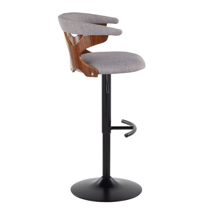 The Gardenia Contemporary Adjustable Barstool set features gray cushioned seats and backrests, wooden back accents, a black adjustable pedestal base, and rounded T footrests. Sleek and modern design. Set of 2.