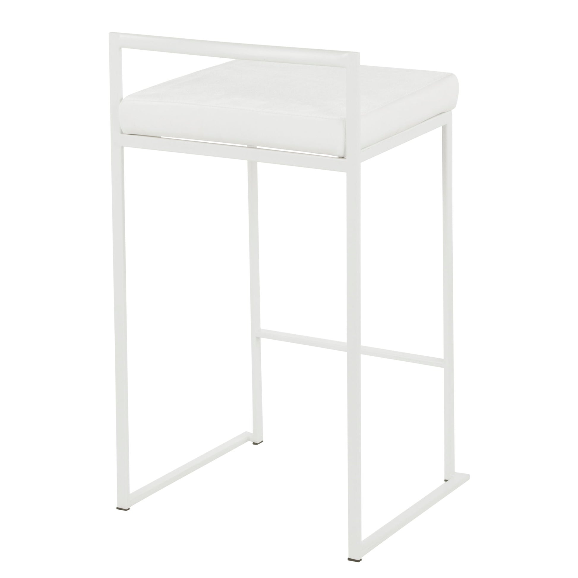 The Fuji - Simple Elegance is a contemporary, stackable counter stool featuring a minimalist white design with a thin metal frame, square cushioned seat, low backrest, and open sides for a modern touch.