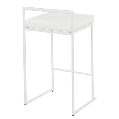 The Fuji - Simple Elegance is a contemporary, stackable counter stool featuring a minimalist white design with a thin metal frame, square cushioned seat, low backrest, and open sides for a modern touch.