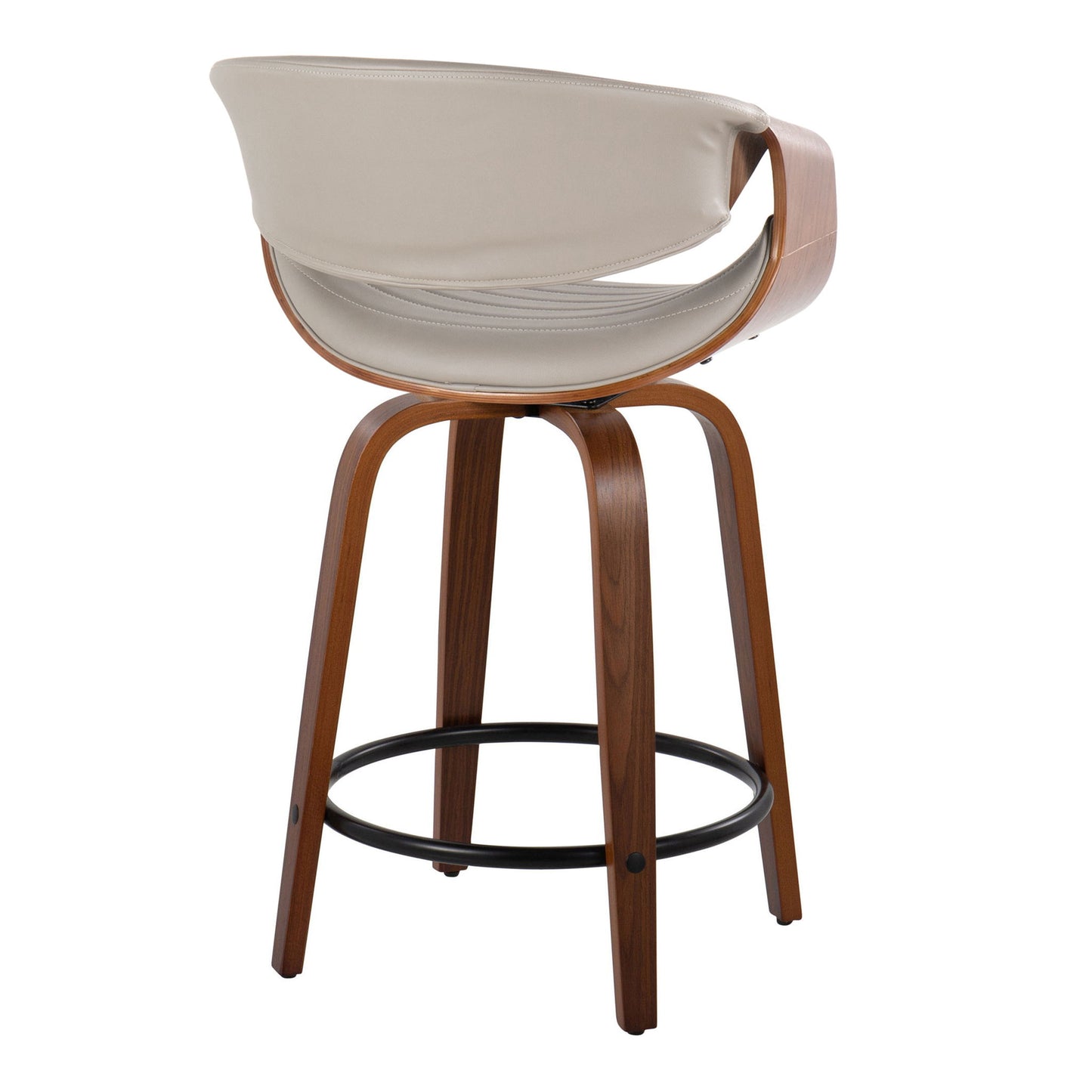 The Symphony Mid Century Modern Fixed Height Counter Stool features a curved wooden backrest, beige cushioned seat and back, four wooden legs, and a round black metal footrest. Image shows the stool set (2) from the back angle.