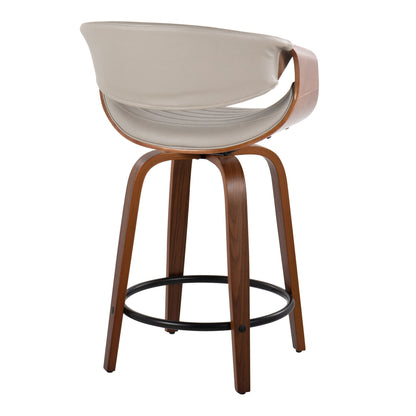 The Symphony Mid Century Modern Fixed Height Counter Stool features a curved wooden backrest, beige cushioned seat and back, four wooden legs, and a round black metal footrest. Image shows the stool set (2) from the back angle.
