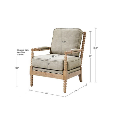 Arm Chair With Open Back Spindle Design features padded armrests, beige cushions, black nailhead trim, and a wooden spindle frame. Dimensions: 35.75"H x 32"D x 25.5"W; seat 20"W x 27"D, seat height 19.5", backrest height 16.25".