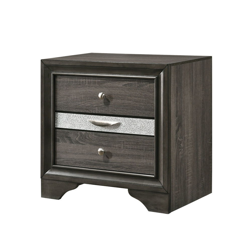 The Naima - Chic Design Nightstand is a dark wood piece with two large drawers and a slim middle drawer, each with silver accents and handles. It has a modern, boxy style and short, sturdy legs.