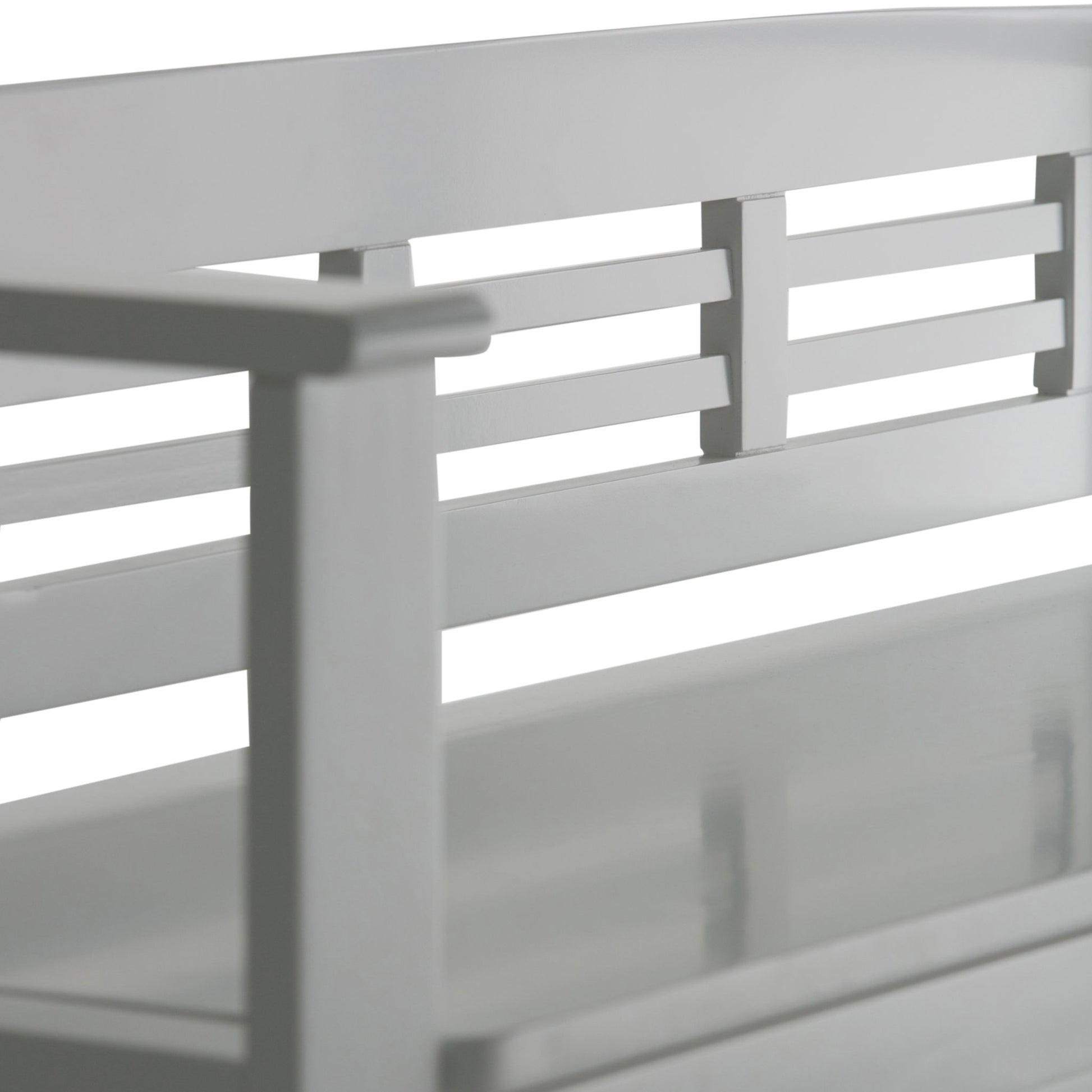 Close-up of the Adams - Entryway Storage Bench Handcrafted, featuring a modern, light gray wood design with horizontal slats on the backrest and armrest, set against a white background.
