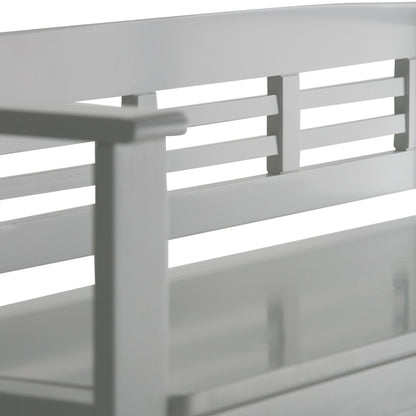 Close-up of the Adams - Entryway Storage Bench Handcrafted, featuring a modern, light gray wood design with horizontal slats on the backrest and armrest, set against a white background.