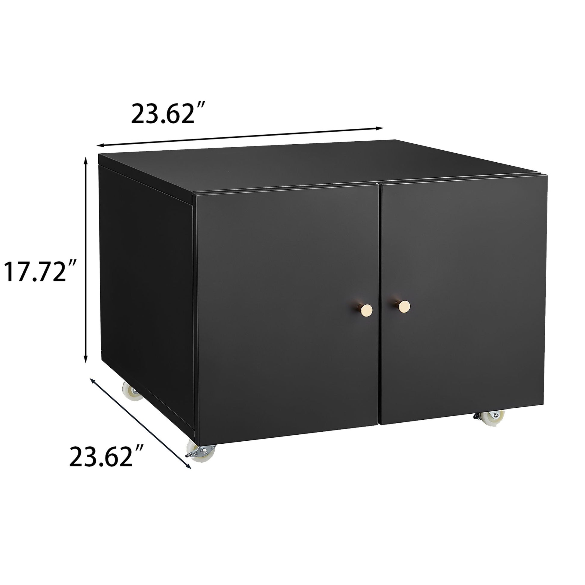 The Office Furniture Copier Cabinet is a black, rectangular steel mobile pedestal with two front doors and gold knobs, measuring 23.62"W x 23.62"D x 17.72"H, perfect as a copier or printer stand on four wheels.