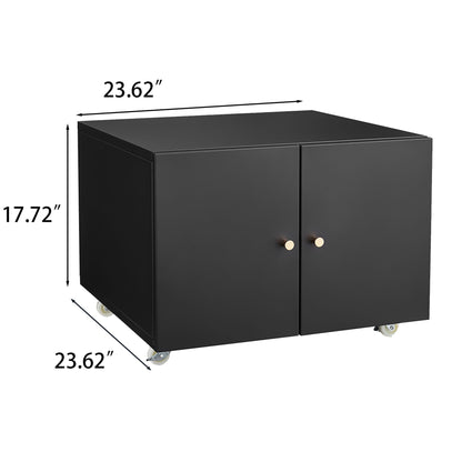 The Office Furniture Copier Cabinet is a black, rectangular steel mobile pedestal with two front doors and gold knobs, measuring 23.62"W x 23.62"D x 17.72"H, perfect as a copier or printer stand on four wheels.