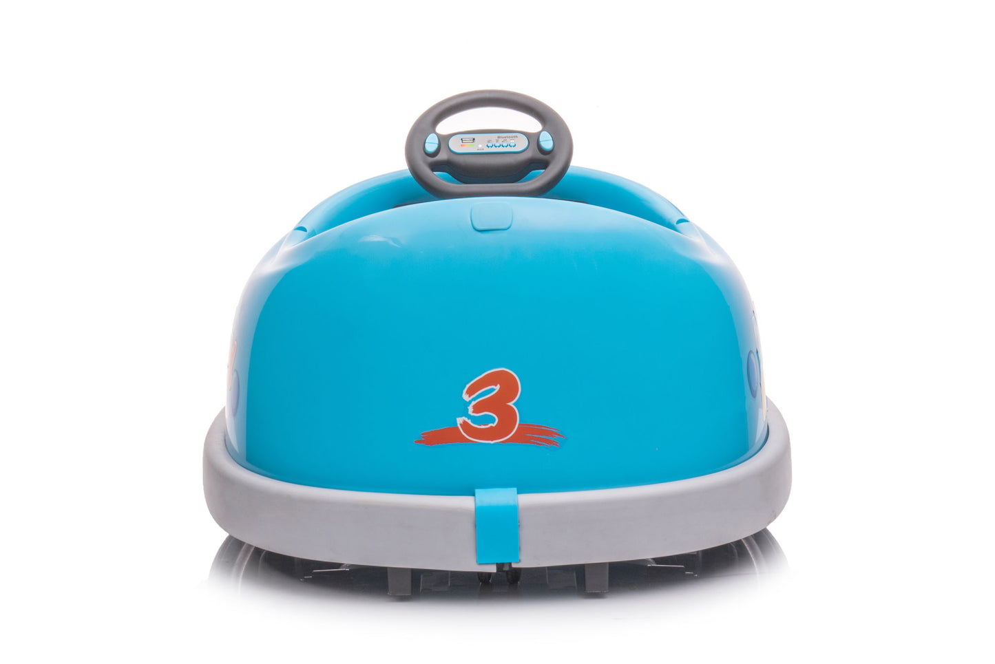 The Bumper Car For Kids is a blue 12V electric ride-on with a gray bumper, red number 3 on front, and black steering wheel, perfect for ages 1-6. Features pushrod, dinner plate, USB/Bt music, rocking mode, anti-collision design. White background.