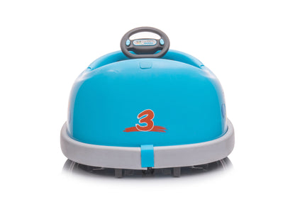 The Bumper Car For Kids is a blue 12V electric ride-on with a gray bumper, red number 3 on front, and black steering wheel, perfect for ages 1-6. Features pushrod, dinner plate, USB/Bt music, rocking mode, anti-collision design. White background.