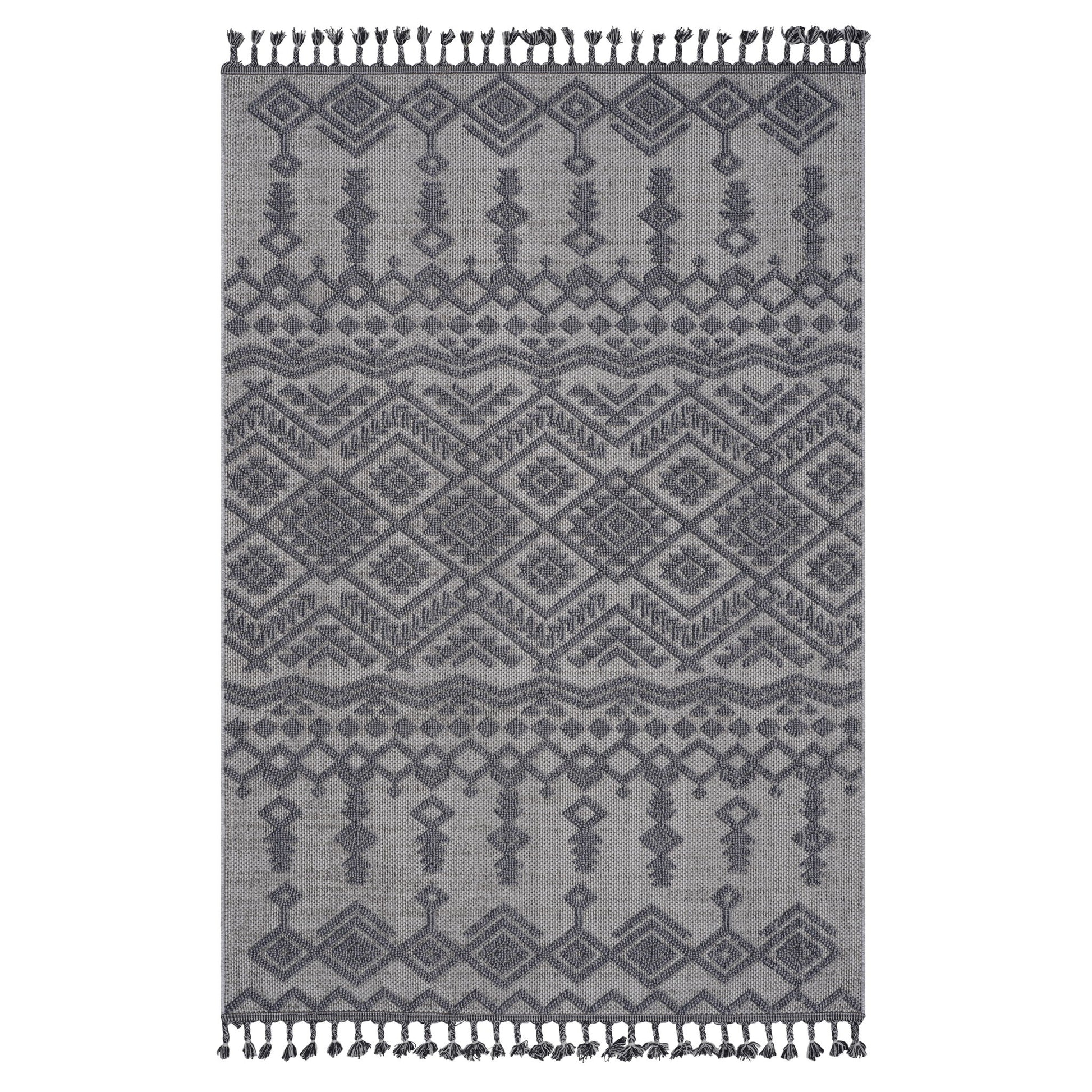 The Guros - Traditional Indoor / Outdoor Area Rug features gray woven fabric with geometric and diamond patterns, plus decorative fringe on the short edges for added texture and detail.
