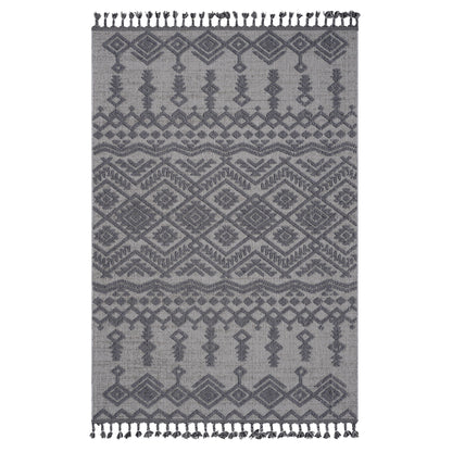 The Guros - Traditional Indoor / Outdoor Area Rug features gray woven fabric with geometric and diamond patterns, plus decorative fringe on the short edges for added texture and detail.