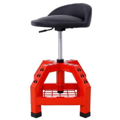 The Pneumatic 360 Degree Swivel Stool features a black cushioned seat and backrest, a sturdy red metal base with geometric cutouts, a grid footrest, and smooth-rolling casters—perfect as a heavy-duty mechanics creeper or shop stool.
