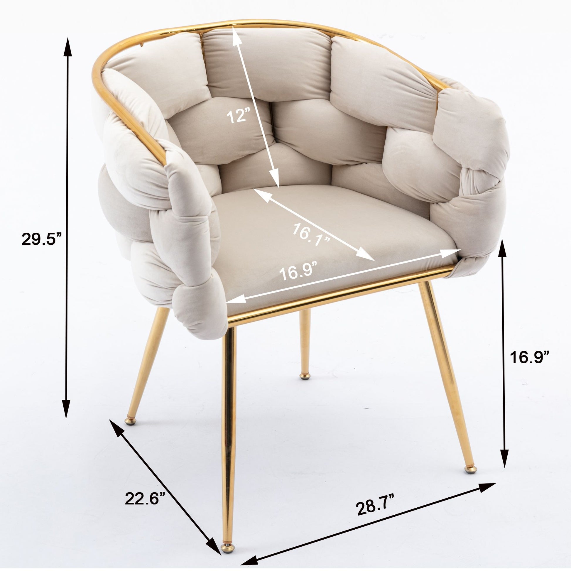 The Luxury Modern Simple Leisure Velvet Single Sofa Chair features plush upholstery and a gold metal frame. Dimensions: 29.5"H, 16.9" seat height/depth, 22.6"D, 28.7"W, 16.1" seat width, and 12" back height—ideal for bedrooms or dressing tables.