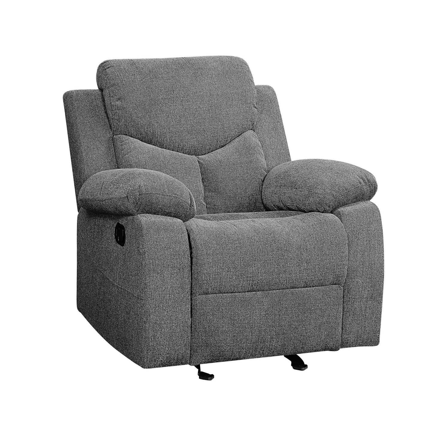 The Kalen Chenille Glider Recliner in gray features plush fabric, cushioned armrests and backrest, and is shown slightly reclined against a white background.