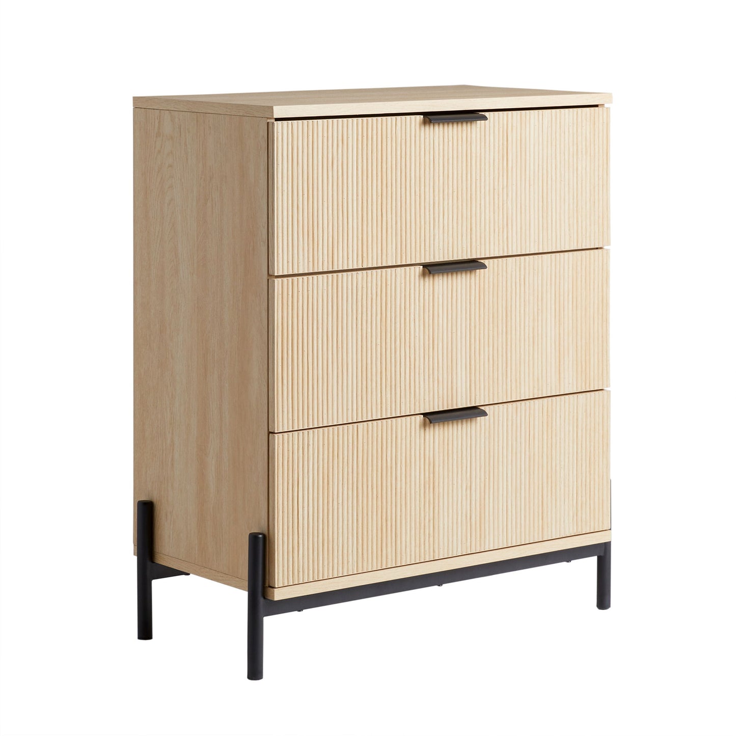The Mid-Century 3 Drawer Chest With Reeded Drawer Fronts features a light wood finish, three drawers with vertical grooves and black rectangular handles, and stands on black metal legs with an open frame base.