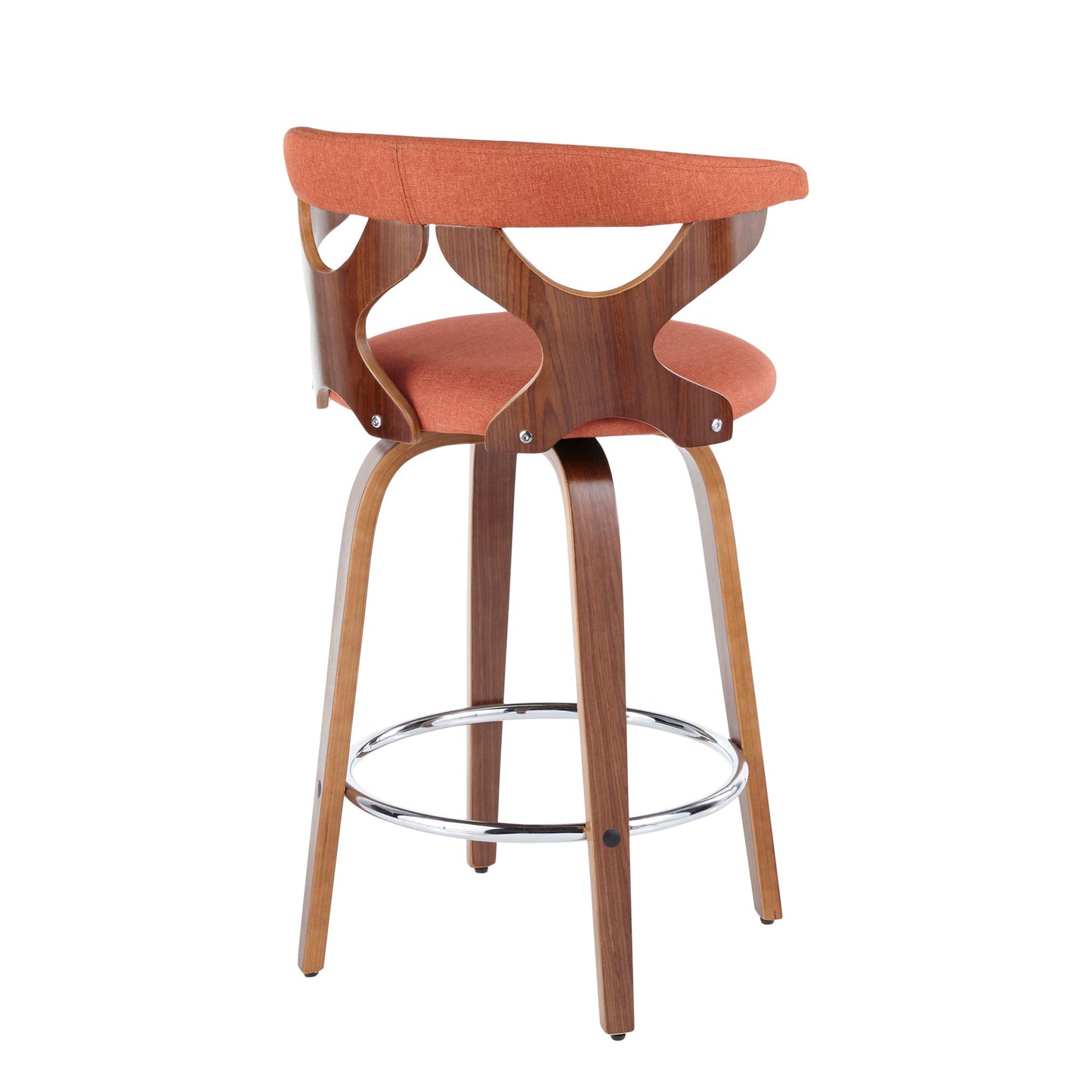 The Gardenia - Mid Century Modern Fixed Height Counter Stool With Swivel (Set of 2) features wooden legs, a round chrome footrest, orange cushioned seat and back, decorative cutouts on the backrest, and curved wood detailing.