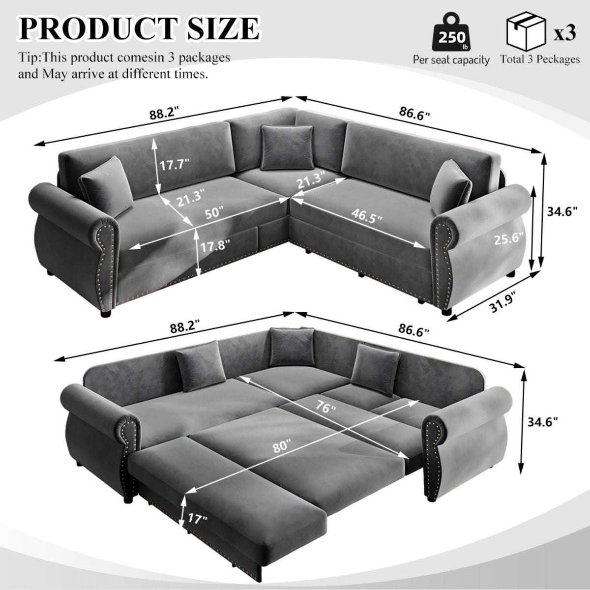L-Shaped Sofa Couch With Pull-Out Bed