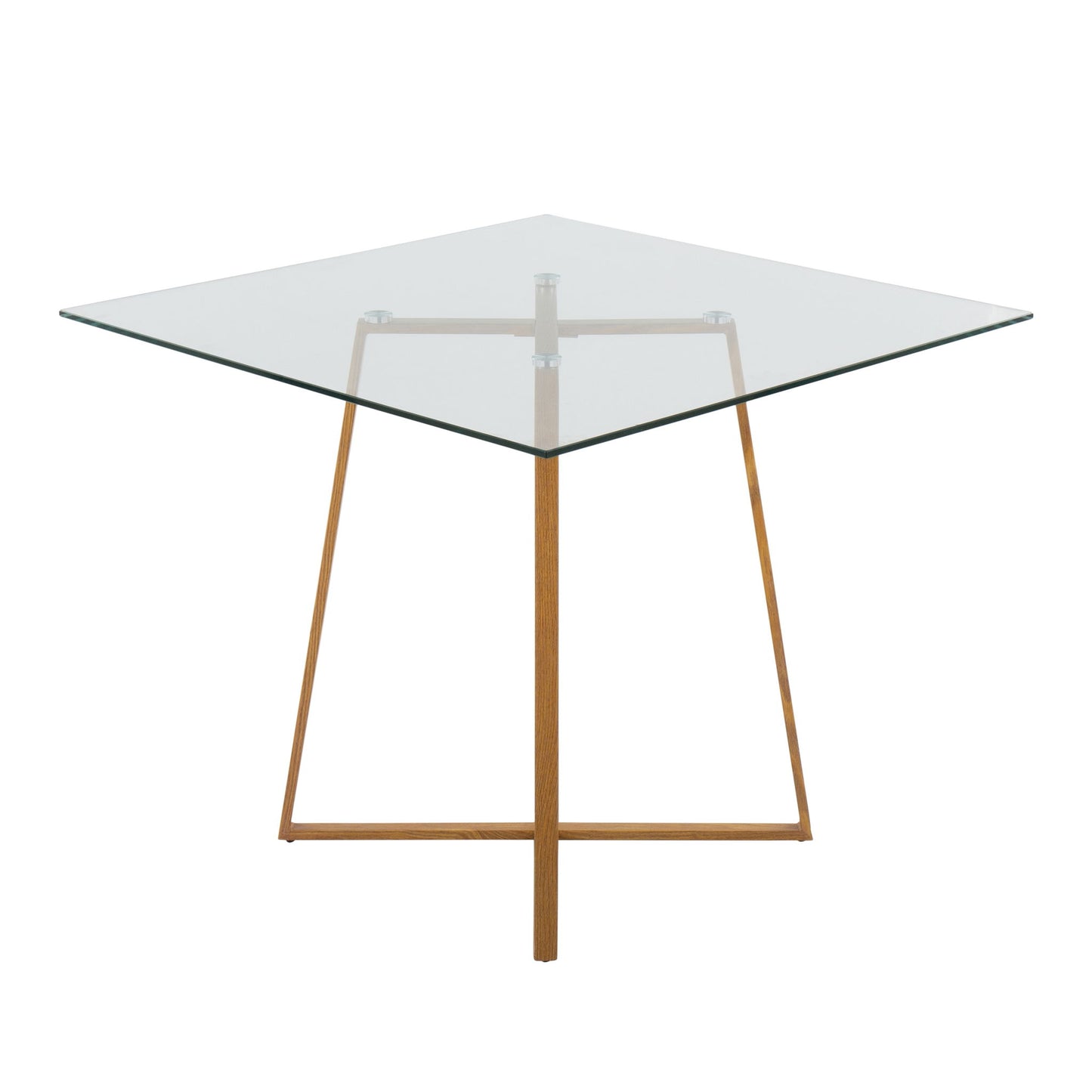 The Cosmo Contemporary Square Dining Table features a clear glass top and minimalist wooden base with four angled legs connected by metal brackets.