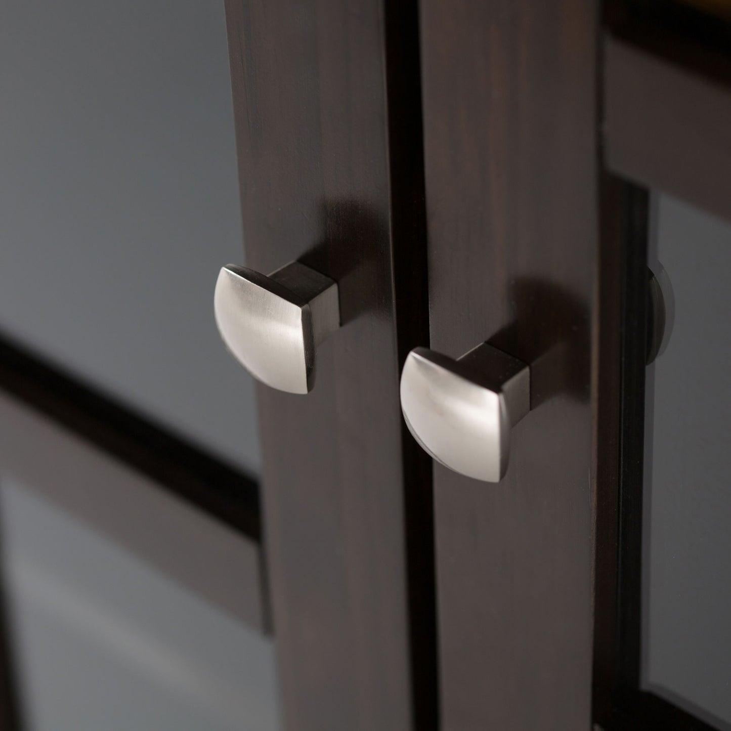 Close-up of two brushed metal handles on the Acadian - Medium Storage Cabinet, Handcrafted, with a soft reflection on the dark wooden doors.
