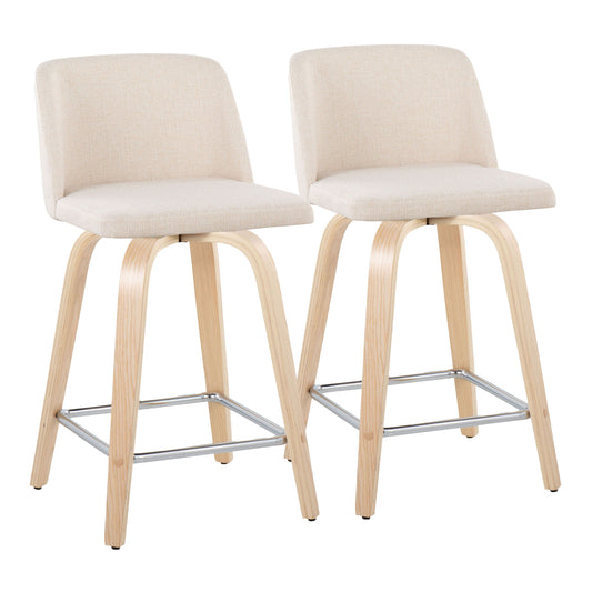 Two Toriano beige cushioned bar stools feature modern curved wooden legs, square metal footrests, and comfortable backrests. They swivel at a fixed height and appear side by side on a white background.
