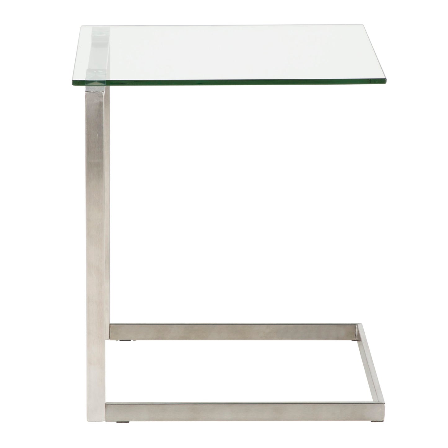 The Zenn - Contemporary End Table features a modern C-shaped design, clear glass top, and minimalist silver-finished metal frame, shown against a plain white background.