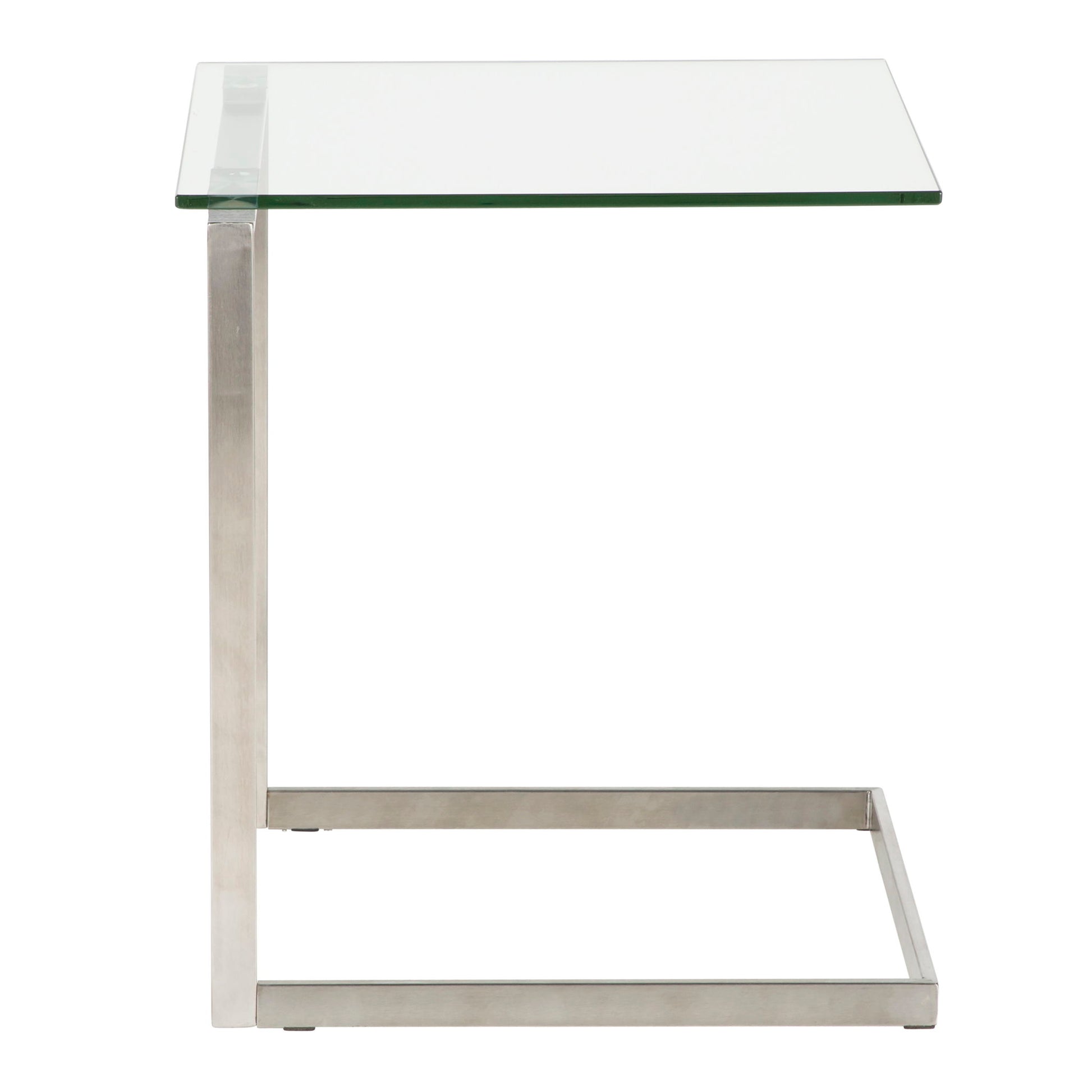 The Zenn - Contemporary End Table features a modern C-shaped design, clear glass top, and minimalist silver-finished metal frame, shown against a plain white background.