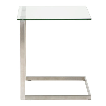 The Zenn - Contemporary End Table features a modern C-shaped design, clear glass top, and minimalist silver-finished metal frame, shown against a plain white background.
