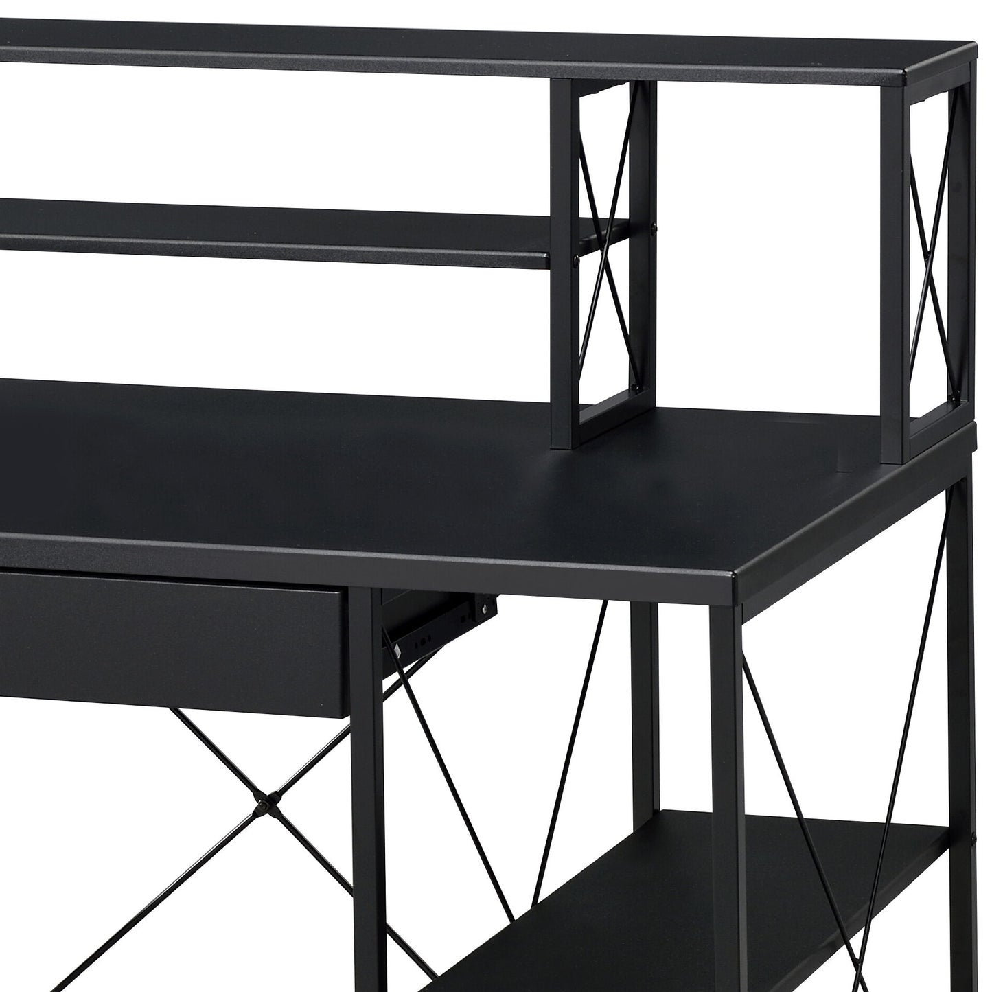 The Amiel All Purpose Writing Desk features a modern black metal frame with open shelves, a raised back shelf, and decorative crossbar supports on the sides and back.