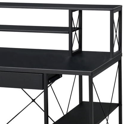 The Amiel All Purpose Writing Desk features a modern black metal frame with open shelves, a raised back shelf, and decorative crossbar supports on the sides and back.