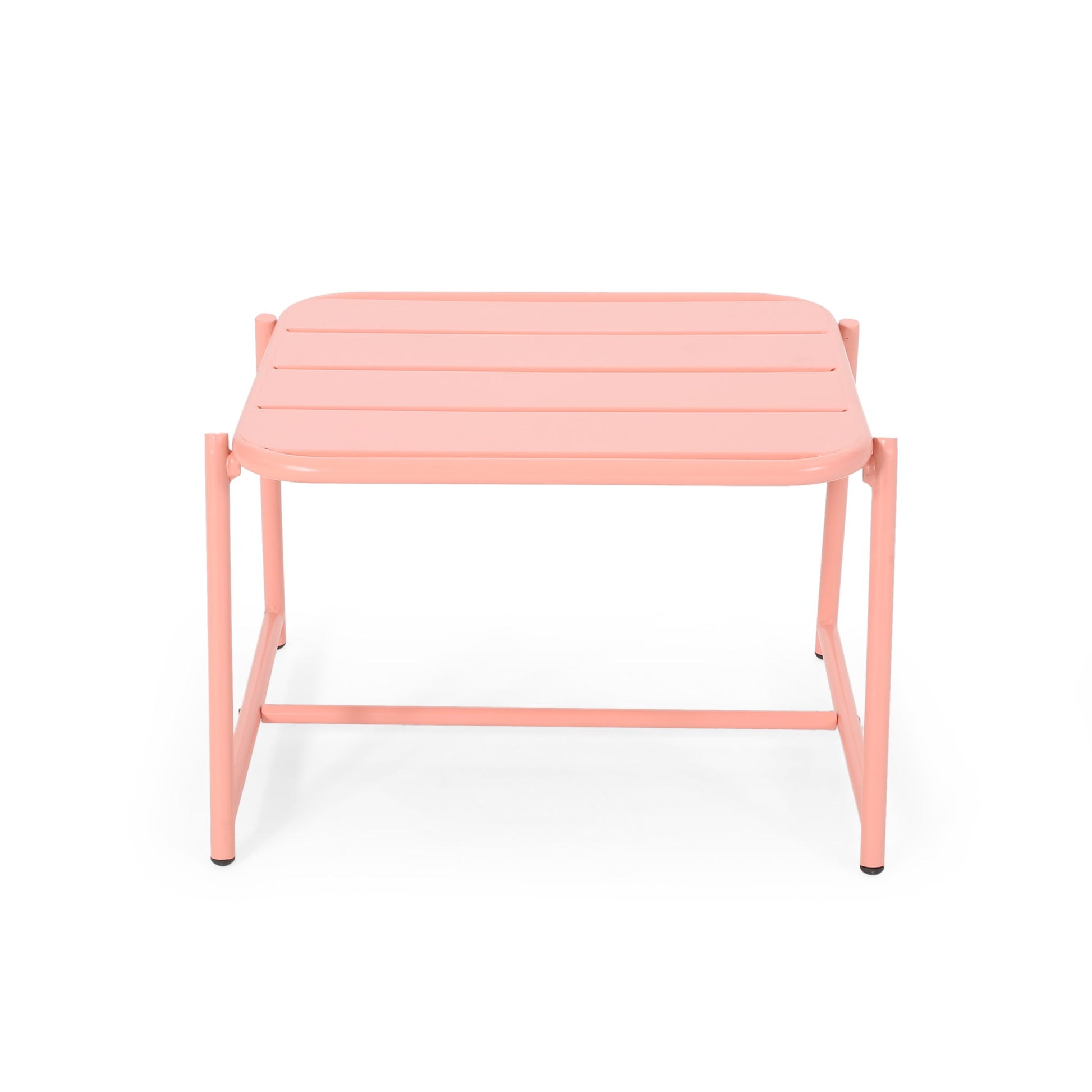 The Conrad - Side Table Outdoor is a small, square, light pink metal table featuring horizontal slats on top and simple straight legs.