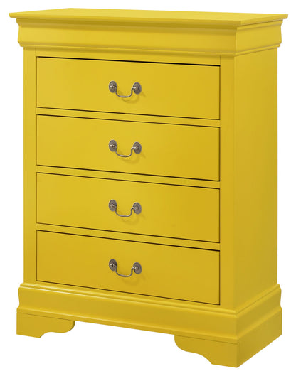 The Traditional Style Storage Chest Elegant is a bright yellow wooden dresser with four drawers, each with metal handles, and a decorative base featuring slightly curved feet.